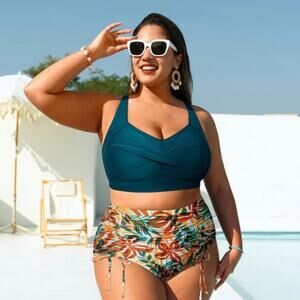 Hanna Nikole Women Teal Floral Bikini Set High Waist Drawstring 24W NWT